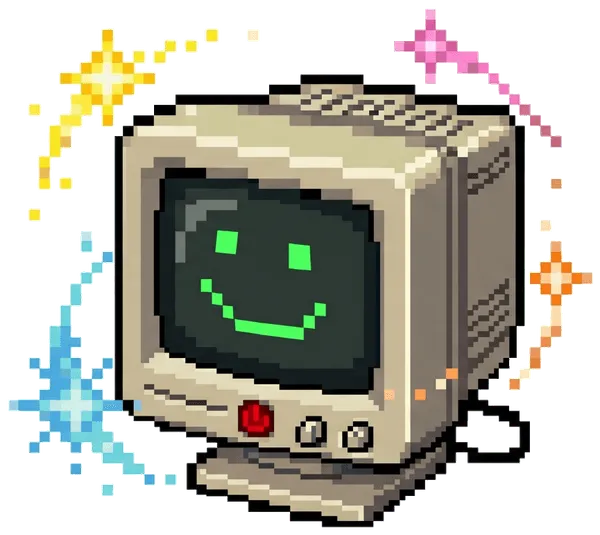 Pixel-art drawing of a beige desktop computer with a smiling face on its screen